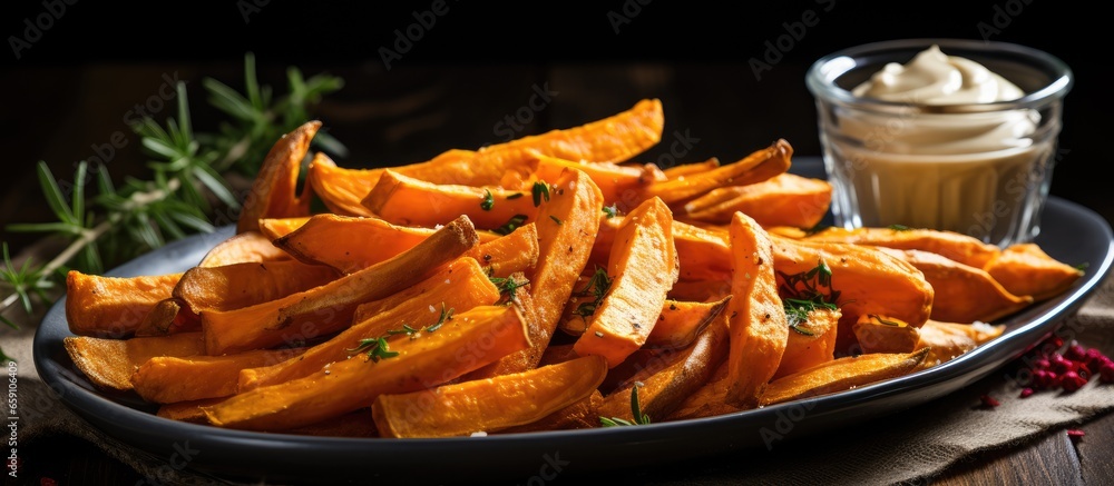 Homemade oven roasted sweet potato fries with o and ketchup