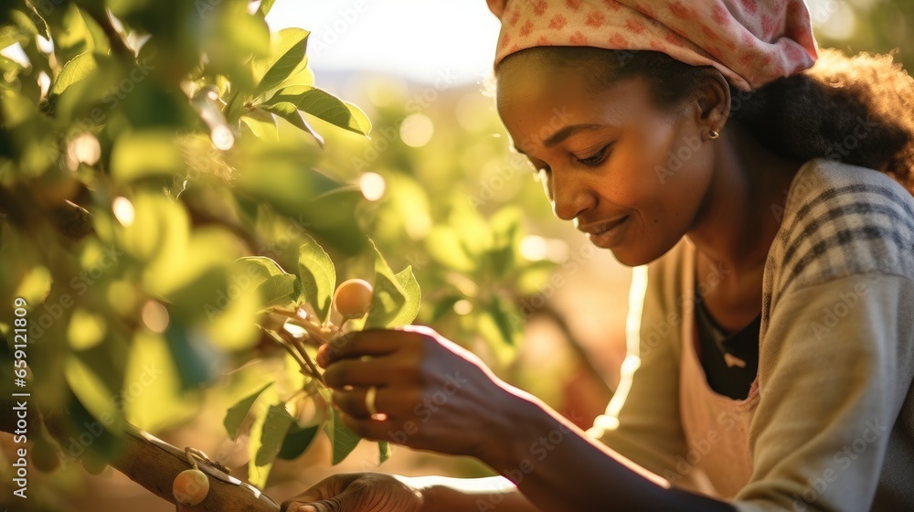 African farmer woman working in fruit garden.