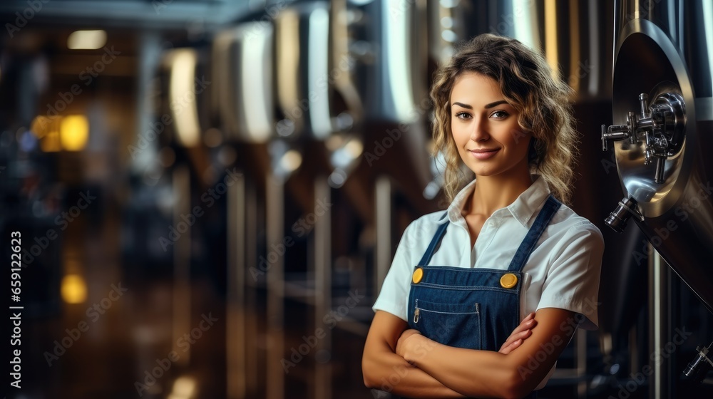 Young woman working in modern beer production factory.