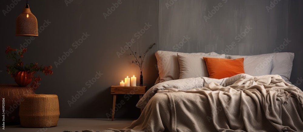 A bedroom interior with rust colored linen and cushions a grey blanket rattan bedside table and metal wall light seen through an open door