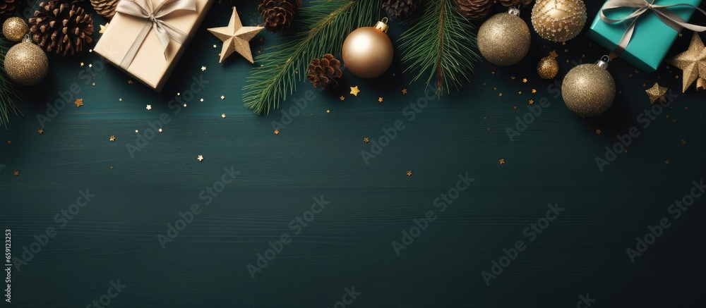 Top down view of a festive scene with a Christmas border showcasing a tree presents and a green backdrop Ideal for New Year s greetings or a holiday themed message The design can be customiz