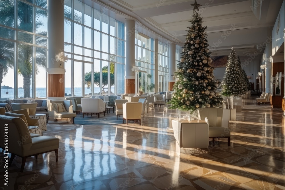 Christmas, Seaside style hotel lobby interior with wooden chairs and tables.