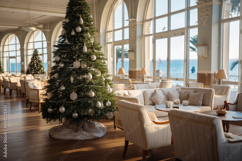 Christmas, Seaside style hotel lobby interior with wooden chairs and tables.