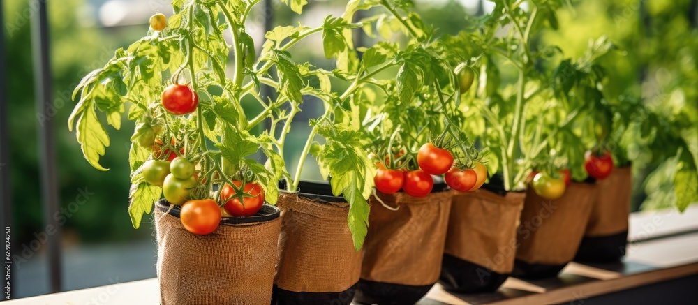 Tomatoes grown in reusable bags on balcony manual recycling of Tee big bags by Indian workers upcycling time limited products for sustainable macro trend