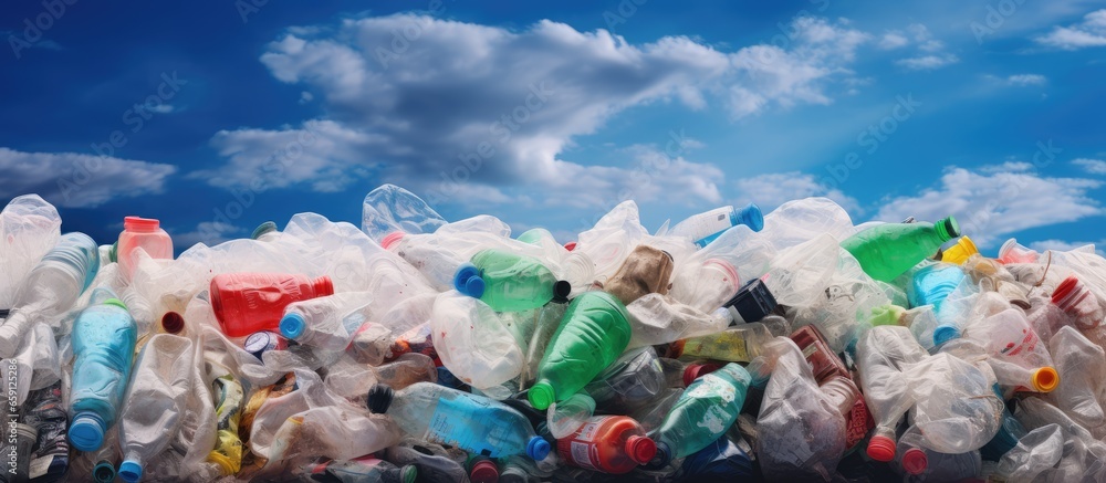 Recycled plastic waste in colored bundles against a blue sky with white clouds Closeup of crushed beverage packaging in green or red packages