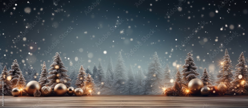 Christmas theme featuring wooden scenery blurred lights fir branches presents and mockup for merchandise