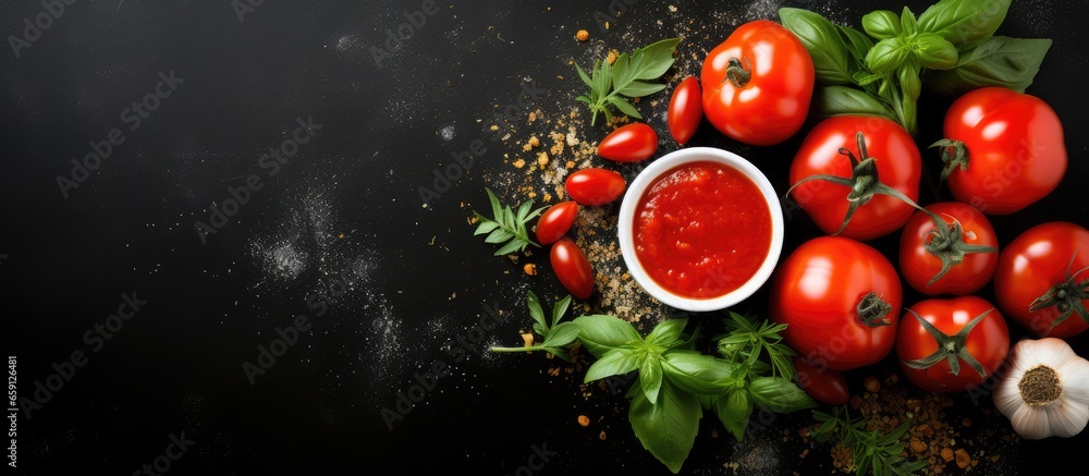 Homemade tomato sauce with ingredients arranged flat with space for text