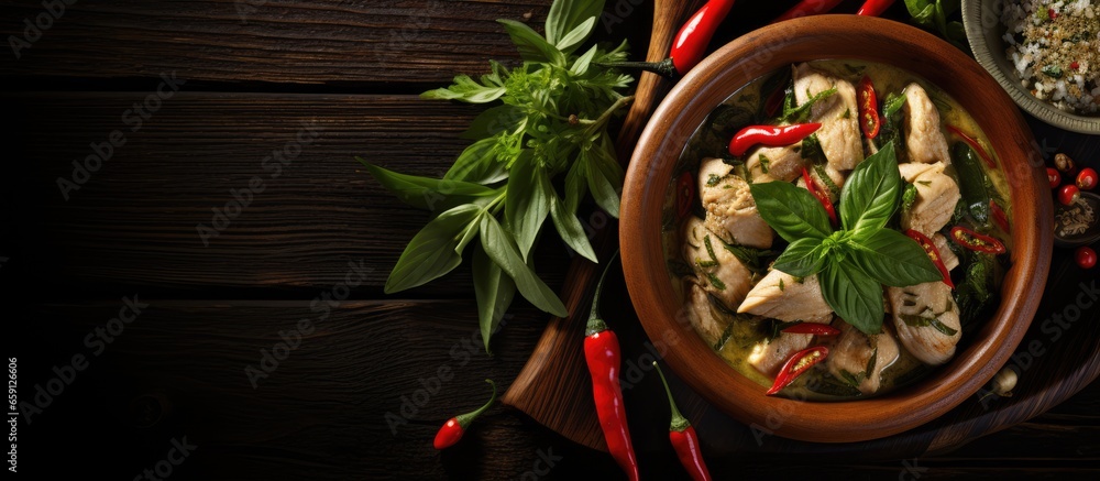 Top view of green curry with chicken on a dark wooden background Thai style