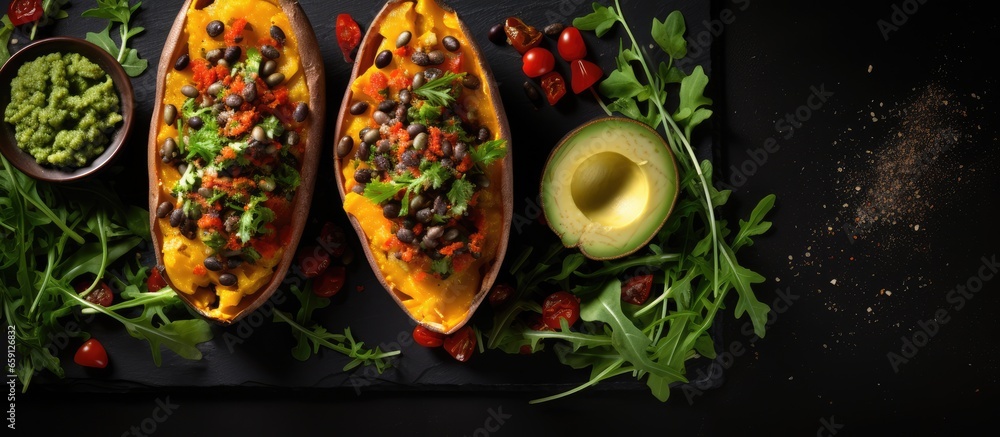 Baked sweet potato with arugula olives guacamole Vegan meal healthy raw food