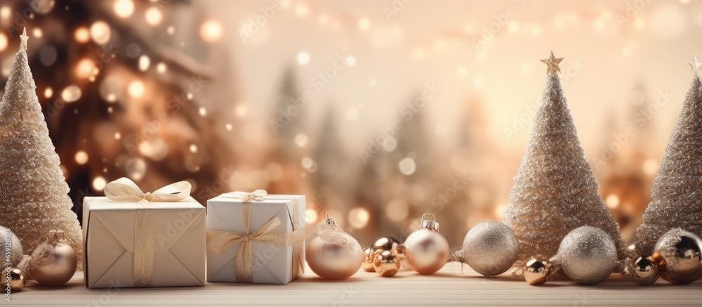 Blurred lights illuminate a wooden table with a decorated Christmas scene