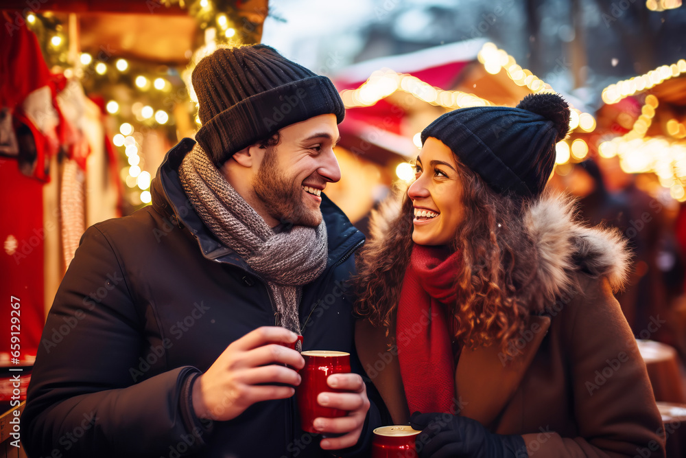 Happy couple drinking mulled wine at Christmas fair in festively decorated city