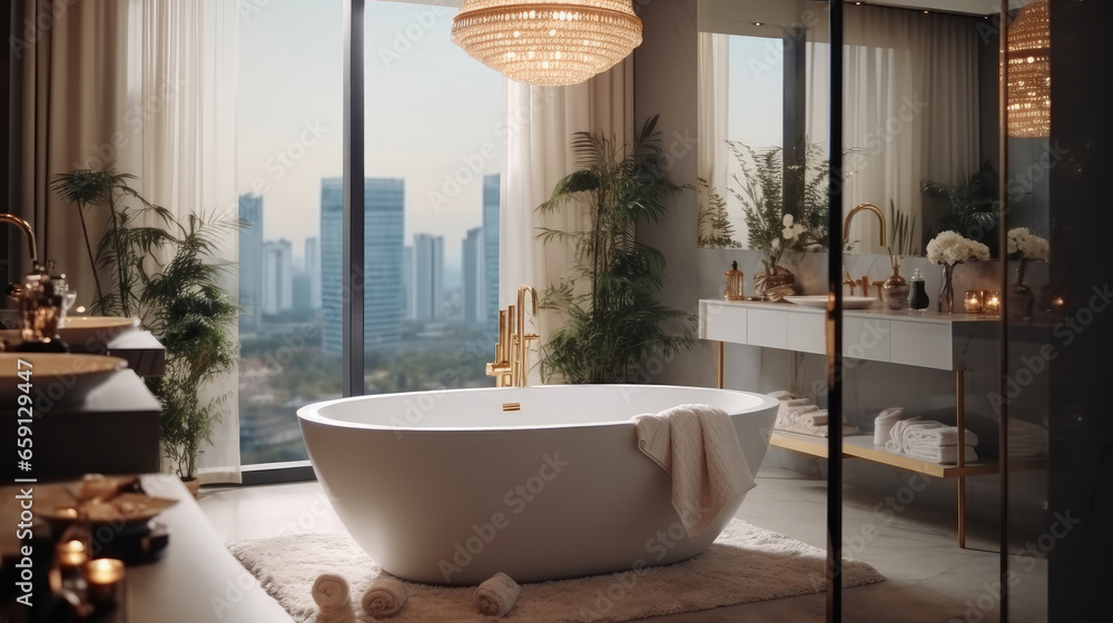 Modern decoration of the bathroom with a bathtub in the bathroom, High-end indoor chandeliers.