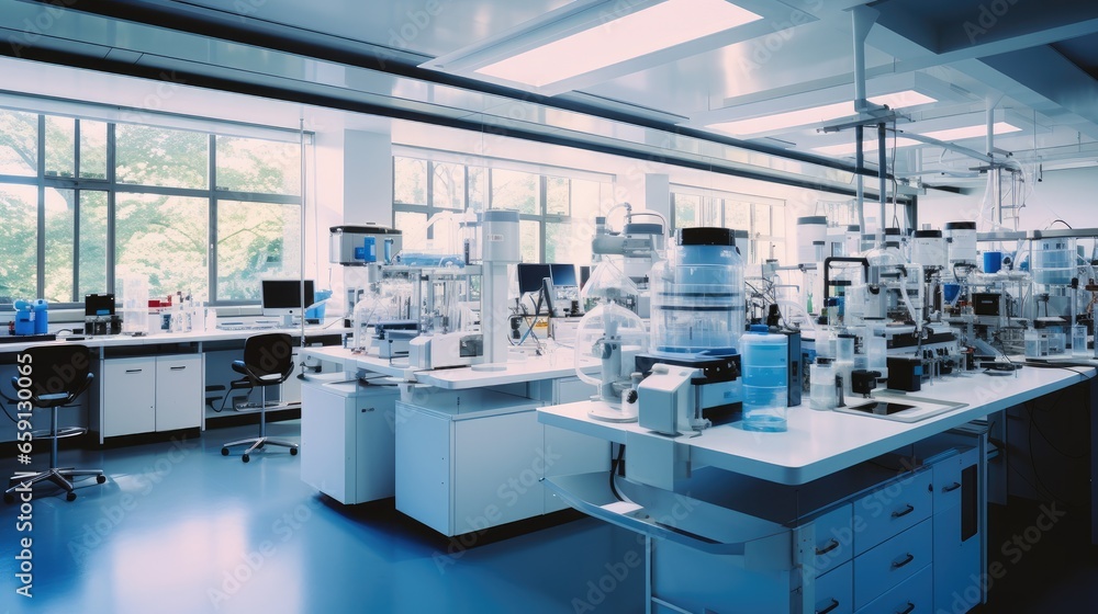 Science laboratory, Research desks, Medical test machine on counter in hospital.