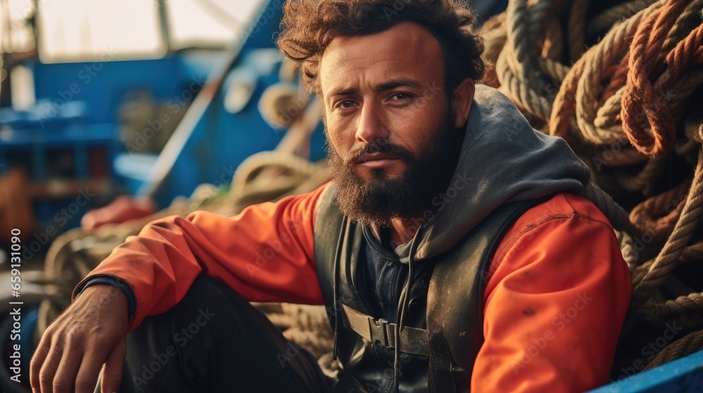 Man working in boat fisher, Seafood industry.