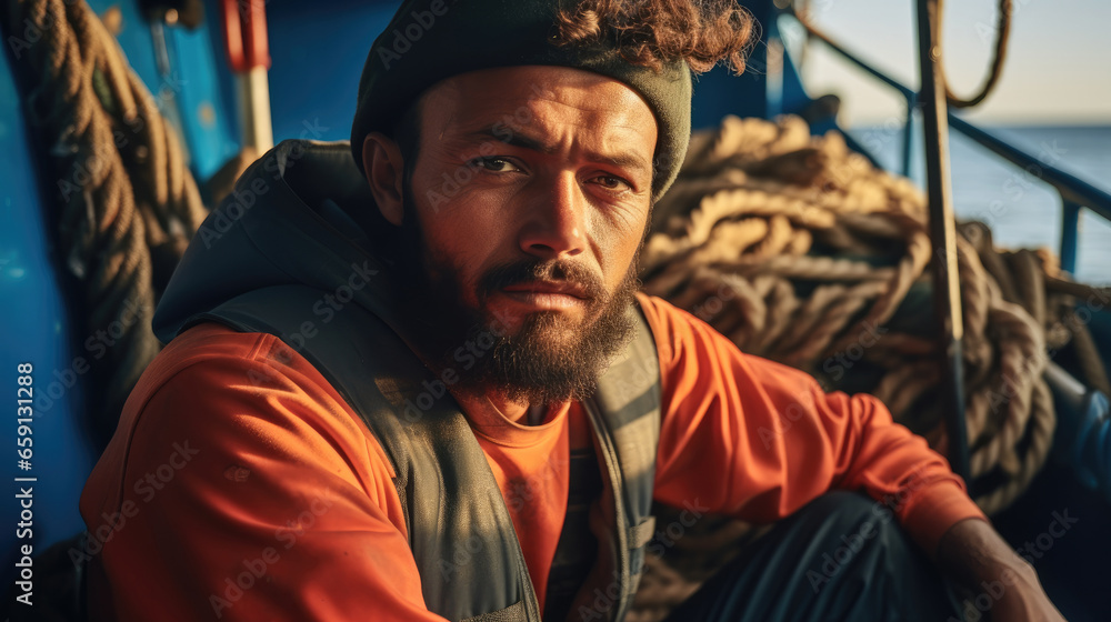 Man working on commercial fishing vessel, Seafood industry.