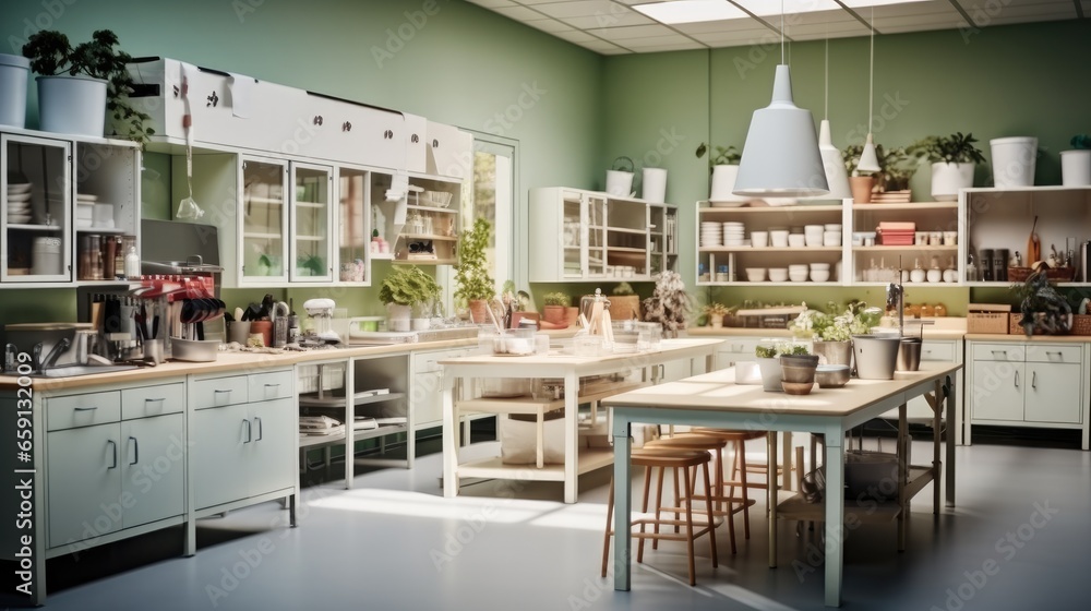 Utility room of a teenage center with folding tables and chairs, Shelving.