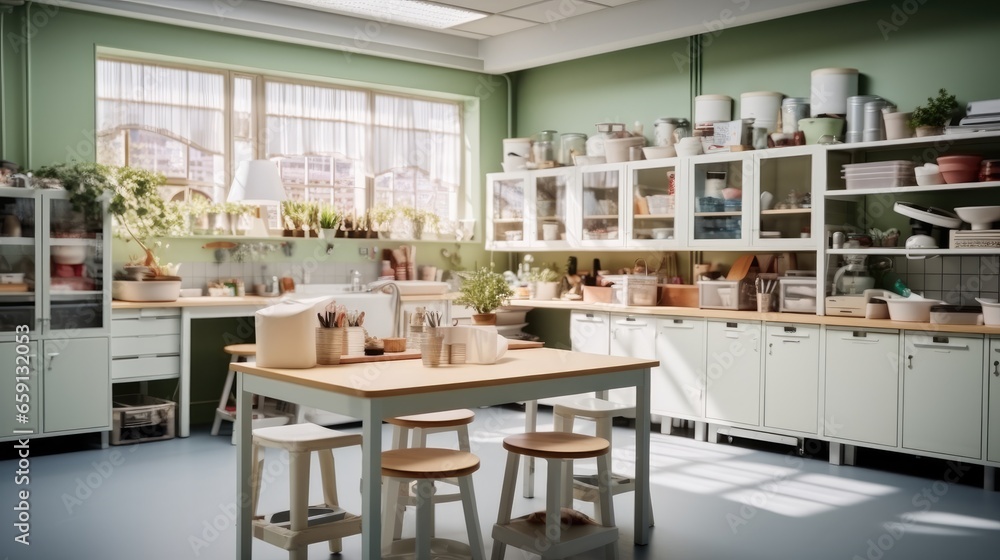 Utility room of a teenage center with folding tables and chairs, Shelving.