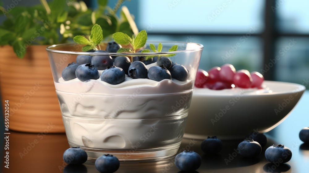 Yogurt pot with blueberries in a minimalist style kitchen.