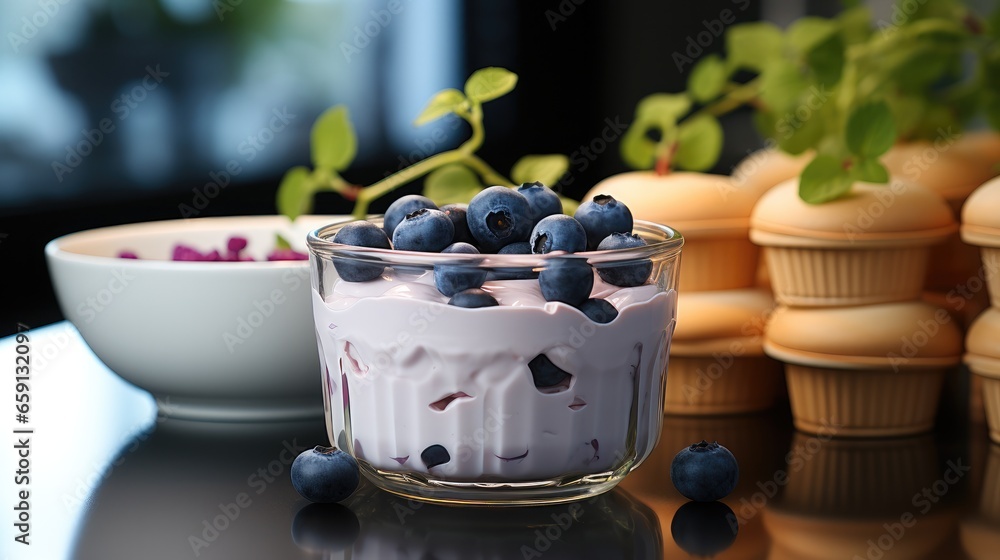 Yogurt pot with blueberries in a minimalist style kitchen.