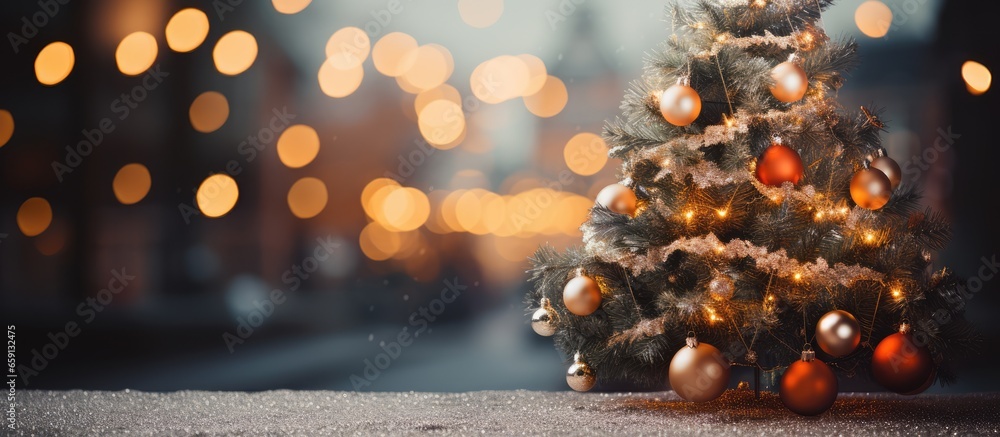 Christmas tree adorned outdoors with sparkling fairy lights in a festive setting