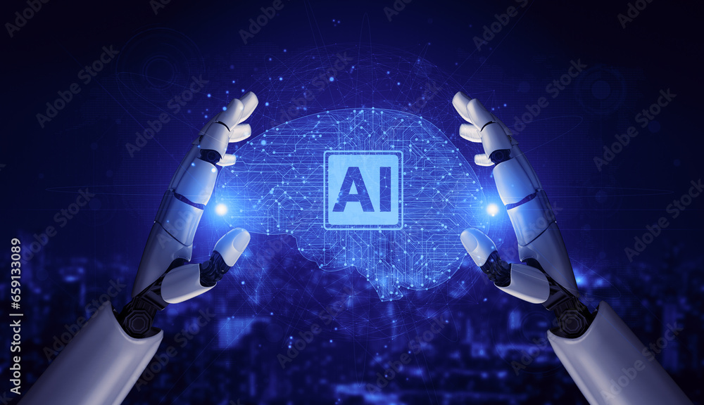 3D rendering artificial intelligence AI research of robot and cyborg development for future of people living. Digital data mining and machine learning technology design for computer brain.