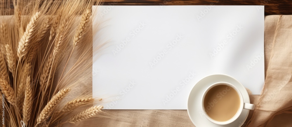 Empty copy space on wooden table with coffee cup pampas grass Wedding invitation card mockup