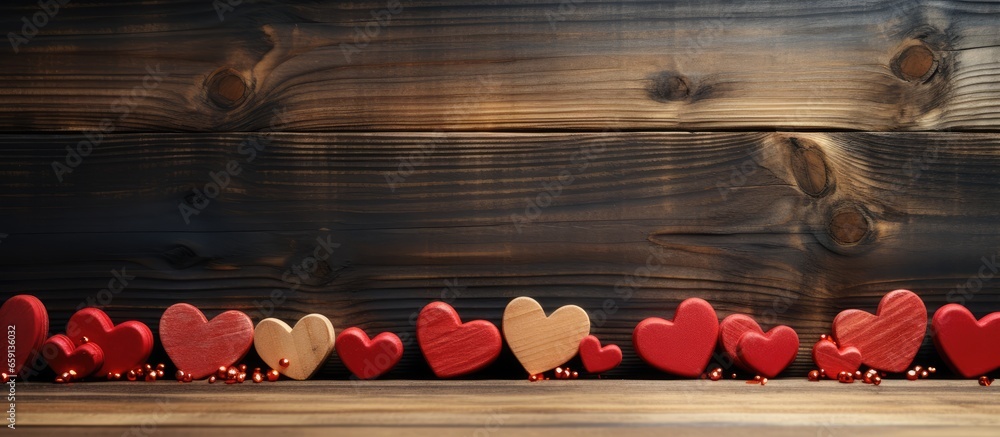 Valentines themed wooden tabletop with hearts used as a backdrop