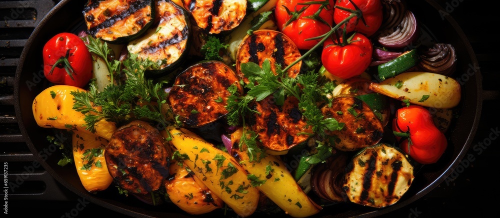 Aerial view of veggies being grilled in cast iron pan