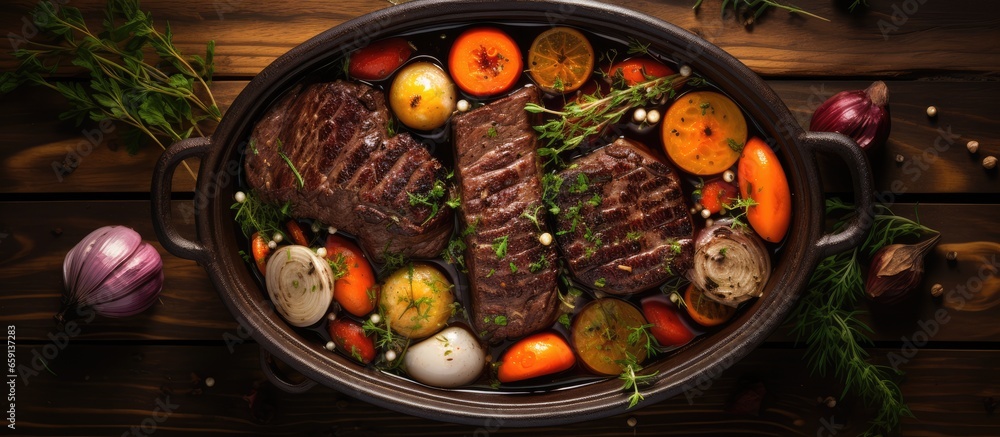 Slow cooked beef broth with charred vegetables served in a pot on a wooden table top view close up