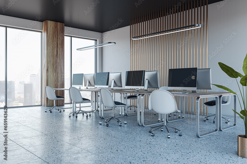 Contemporary coworking office interior with furniture and equipment, window and city view. 3D Rendering.