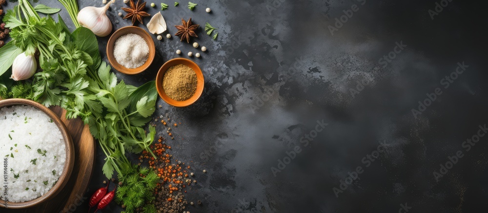 Backgrounds of healthy eating featuring rice bowls with spices and fresh herbs along with spring onions and bay leaves