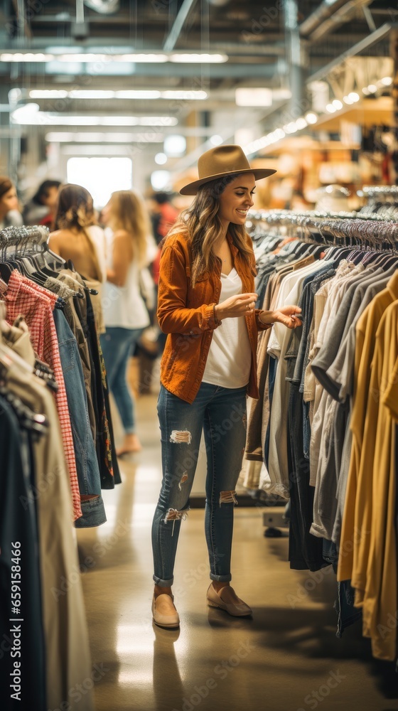 Shoppers browsing through clothes racks and shelves in a store