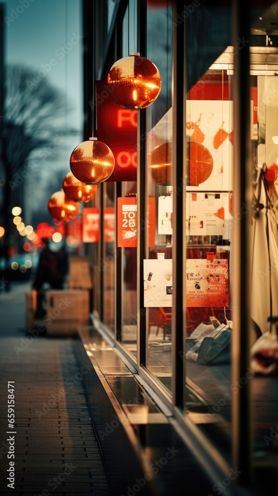 Discounts and sale signs displayed in front of a store window