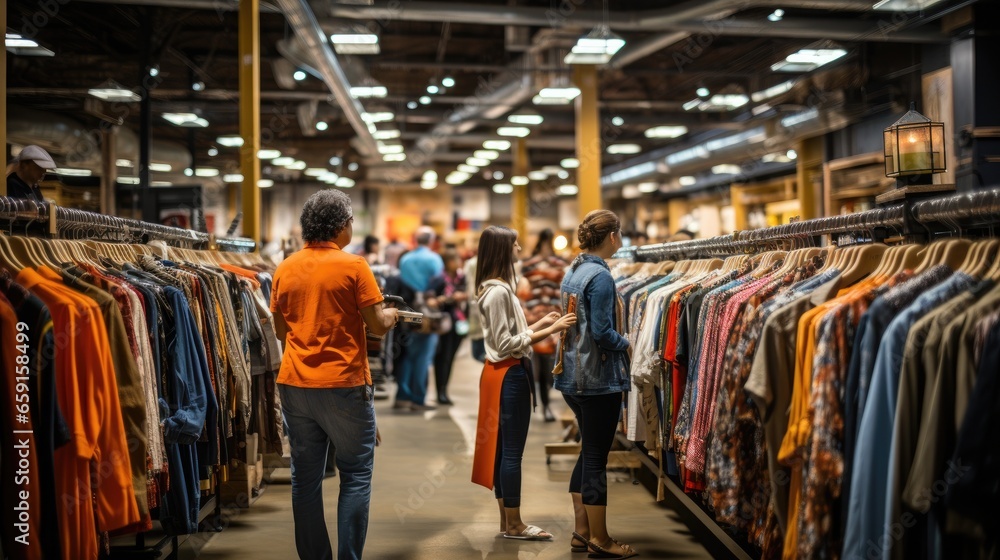 Shoppers browsing through clothes racks and shelves in a store