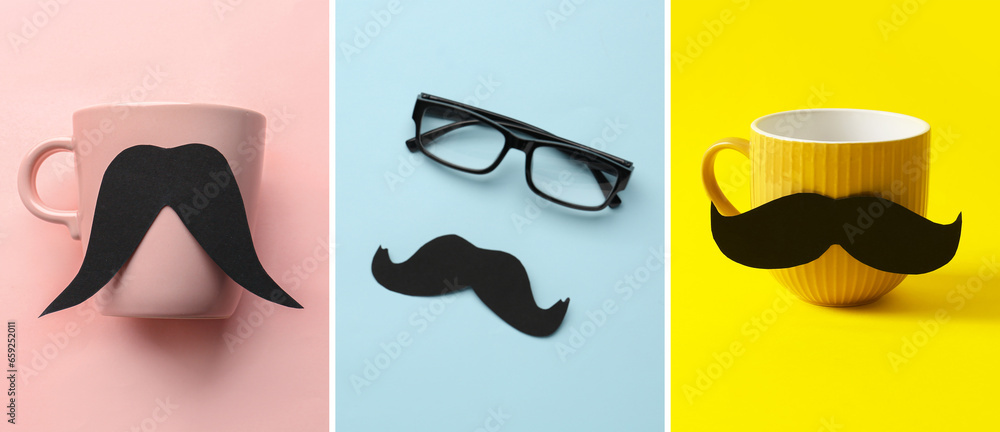 Collage of paper mustaches with cups and eyeglasses on color background