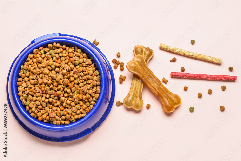 Bowl of dry dog food and treats on light background