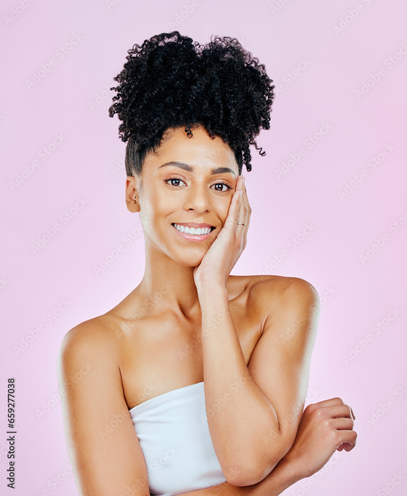 Beauty, smile and portrait of woman in studio with hand touching glowing skin on pink background. Happy, face and female model satisfied with wellness, cosmetics and skincare, treatment or results