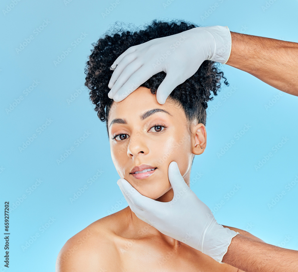 Beauty, plastic surgery and portrait of woman with hands on face in studio for cosmetic facial consultation. Skincare, dermatology and professional collagen therapy, face of model on blue background.