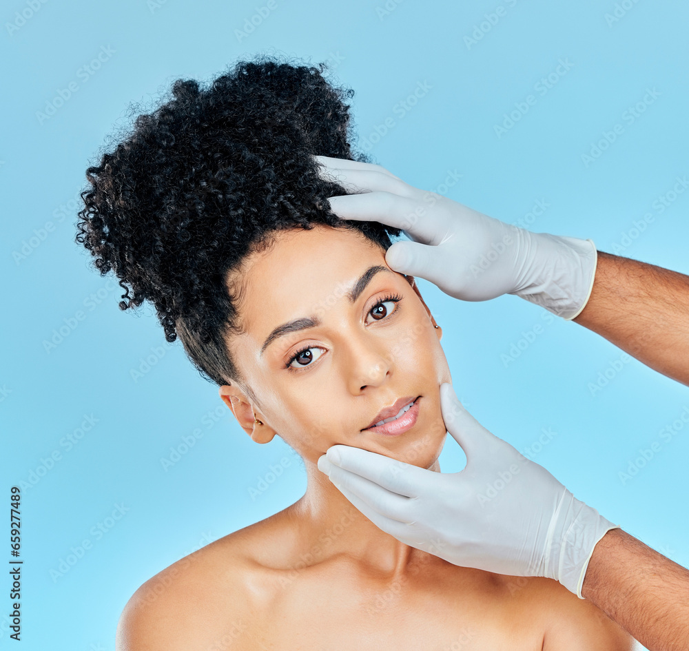 Facial, plastic surgery and portrait of woman with hands on face in studio for cosmetic beauty consultation. Skincare, dermatology and professional collagen therapy, face of model on blue background.