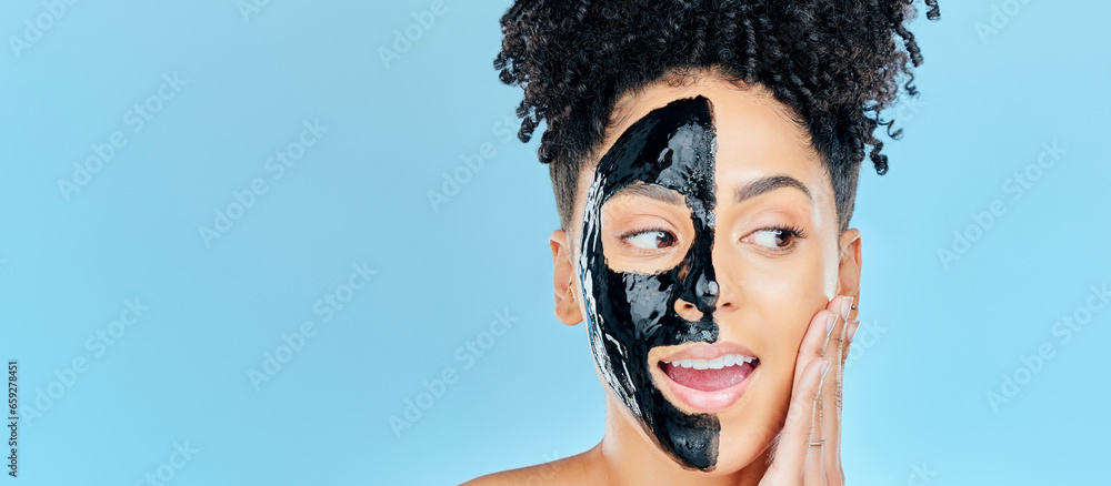 Mockup, charcoal mask and face of woman for facial treatment, anti aging detox and wellness in studio. Beauty, salon and person for healthy skin, cosmetics and grooming on blue background space