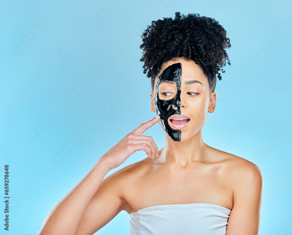 Skincare, charcoal mask and face of woman for facial treatment, anti aging and wellness in studio. Beauty mockup, dermatology and person for healthy skin, cosmetics and grooming on blue background