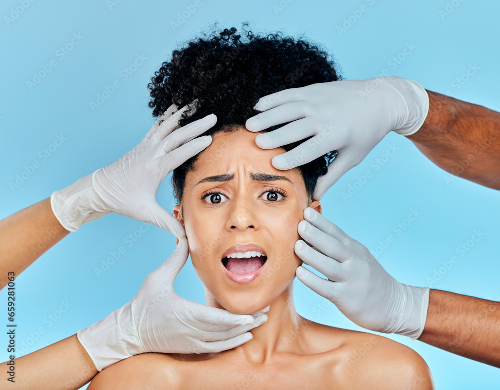 Skincare, portrait of scared woman with hands on face in studio for plastic surgery consultation. Model with stress, fear and anxiety for beauty, dermatology or collagen therapy on blue background.