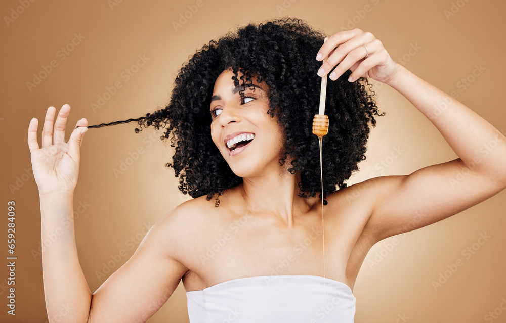 Honey, hair and beauty portrait of woman with natural, care and oil treatment on studio background with happiness. Happy, African haircare and product with honeycomb moisture and sugar benefits