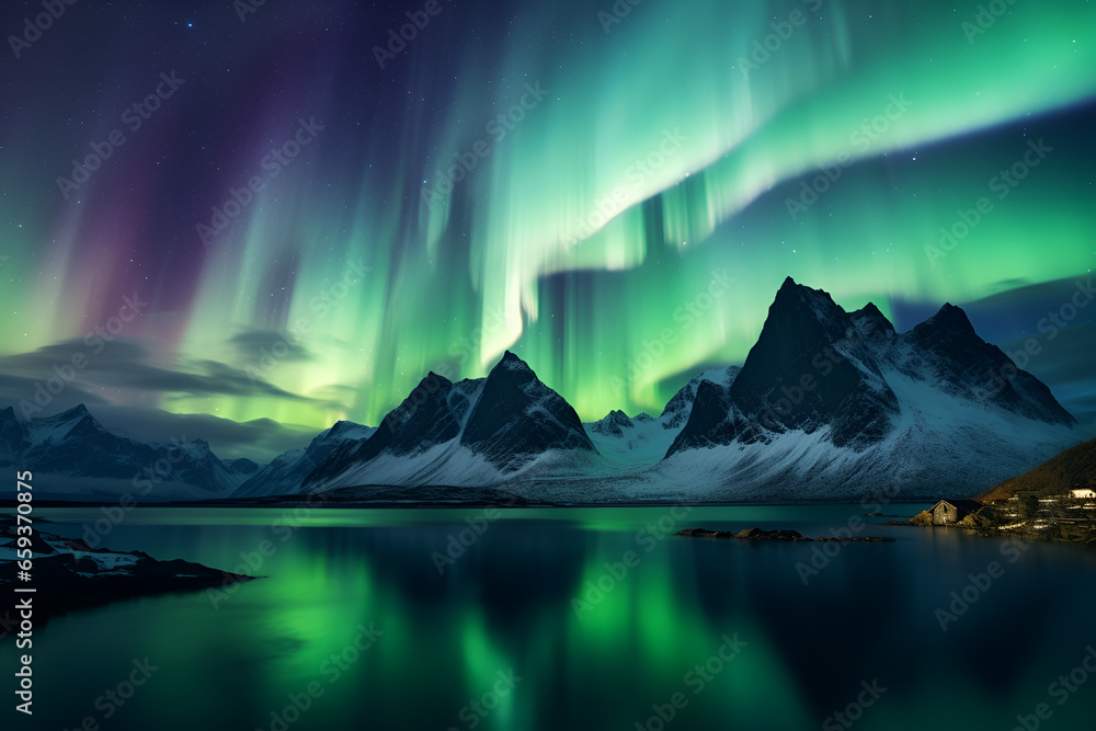 Aurora borealis over the sea, snowy mountains and city lights at night. Northern lights in Lofoten islands, Norway. Starry sky with polar lights.	 