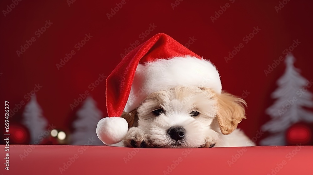 cute dog in santas hat with gift box