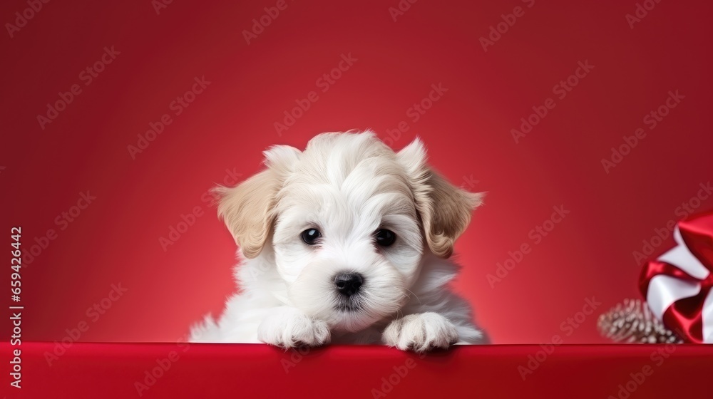 cute dog in santas hat with gift box