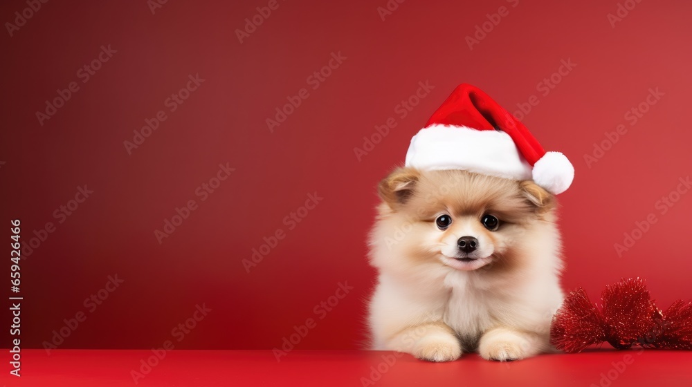 cute dog in santas hat with gift box