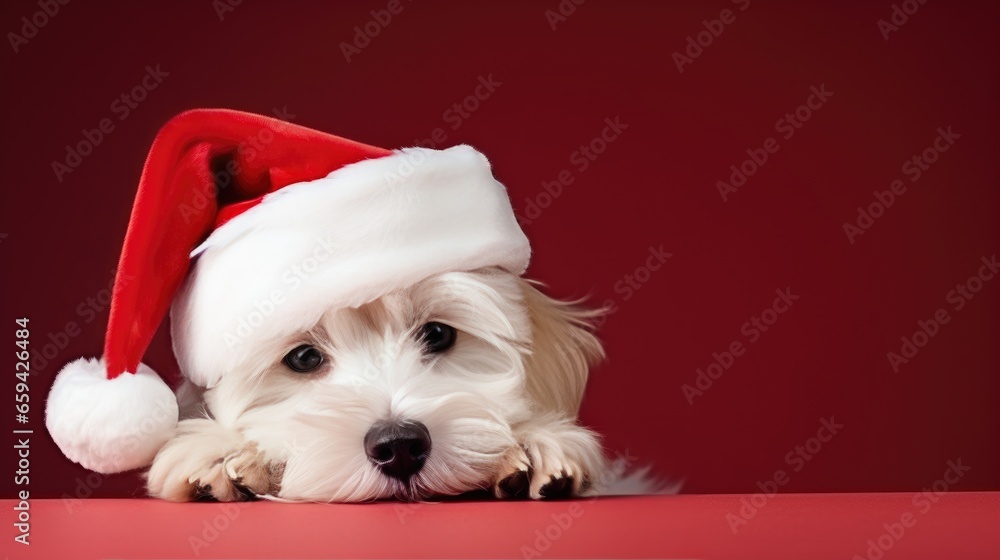 cute dog in santas hat with gift box