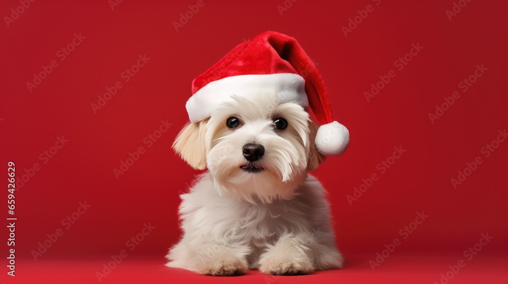 cute dog in santas hat with gift box