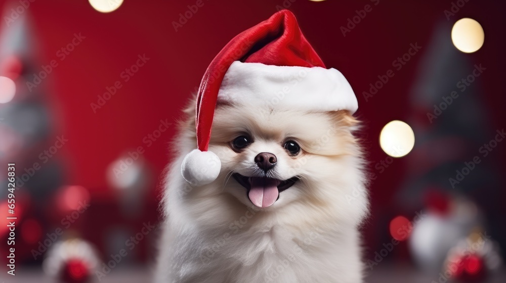 cute dog in santas hat with gift box